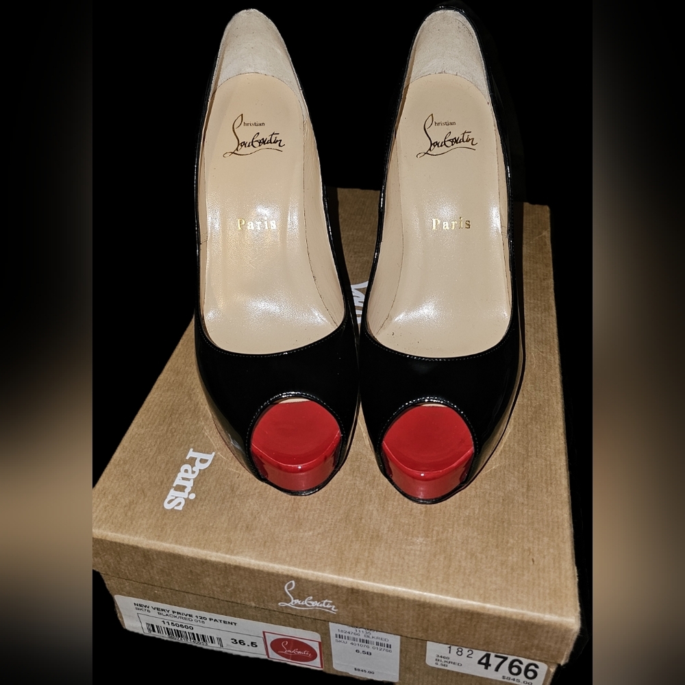 New Very Prive 120 Patent Christian Louboutin Black and Red Open Toe Heels